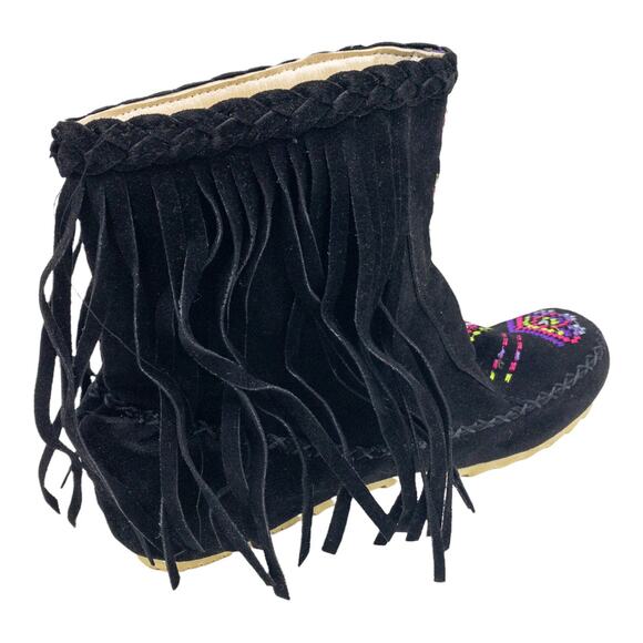 BUTITI Black Embroidered Southwestern Fuzzy-Lined Fringed Boho Ankle Boots 8 - Picture 5 of 12
